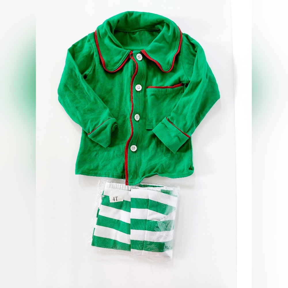 2pc Christmas Pjs 4T Green & Stripe 100%‎ cotton